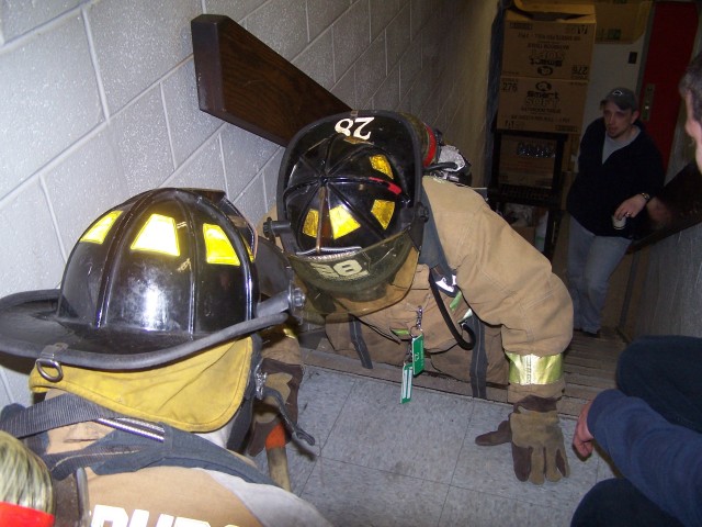 Search and rescue training at the firehouse during a Monday night. 